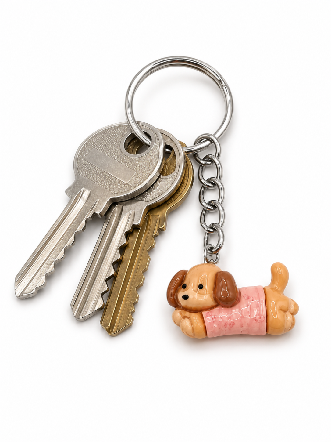 A silver metal keyring holding two keys and a dangling charm shaped like a small brown dog lying on a pink blanket, photographed on a white background.